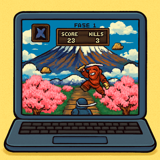 imagina un portatil que tenga en la pantalla la imagen actual, debe ser pixel art y con estilo comico