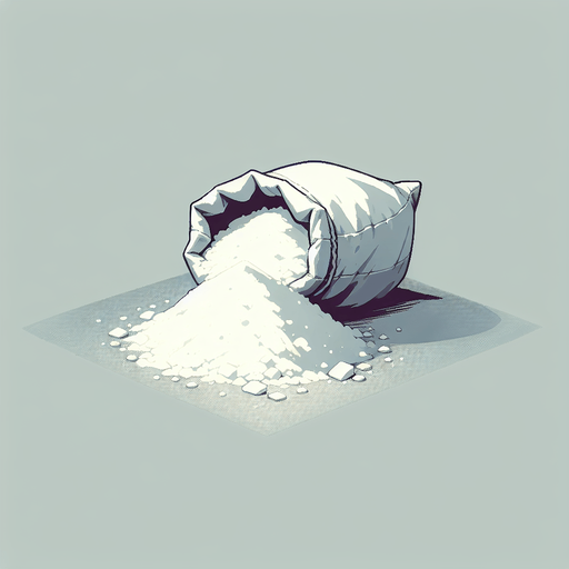A bag of white sugar, open and with a pile of the sugar in front of it..
Single Game Texture. In-Game asset. 2d. Blank background. High contrast. No shadows.
