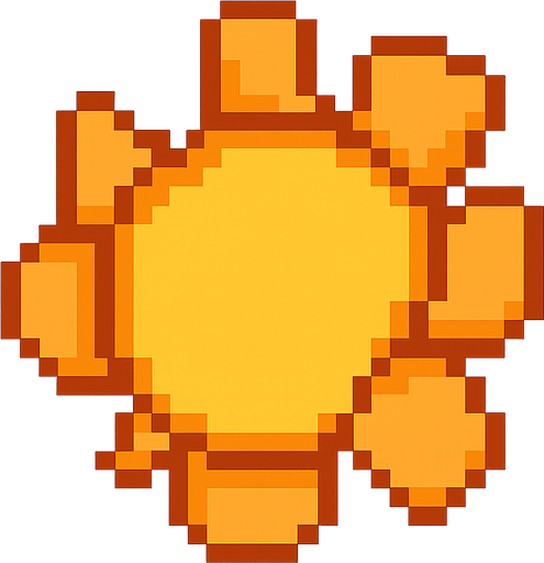 Pixelated sun . No background. Transparent background. Blank background. No shadows. 2d. In-Game asset. flat