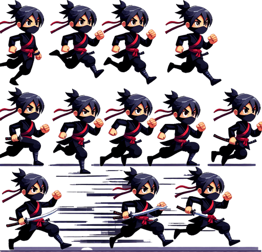 "Create a sprite sheet of a cartoon ninja running. The ninja should be wearing a black outfit with a red sash and a determined facial expression. The sprite sheet should include multiple frames to show the ninja in various stages of the running cycle, with alternating leg and arm positions. The background should be transparent.".
Style: Cartoon style, with clean lines and vibrant colors.
Character Design:
Outfit: Black ninja gi (traditional uniform) with a red sash tied around the waist.
Head: Black mask covering the lower face, revealing expressive eyes.
Hair: (Optional) If the ninja has hair, it should be flowing back in the wind as they run.
Weapon: The ninja should be carrying a weapon (sword or staff) in their hand. The weapon should also be animated to show movement as the ninja runs.
Running Animation:
Number of Frames: At least 4-6 frames for a smooth animation cycle.
Poses: Varying leg and arm positions to create a sense of movement and dynamism. Consider poses with one leg extended forward, the other back, and arms swinging in opposite directions.
Details: Pay attention to details like the flow of the clothing and the movement of the hair (if applicable) to enhance the realism of the animation.
Background: Transparent background for easy integration into the game.
Resolution: Specify a resolution that is appropriate for your game's scale and the desired level of detail (e.g., 128x128 pixels or 256x256 pixels per frame).