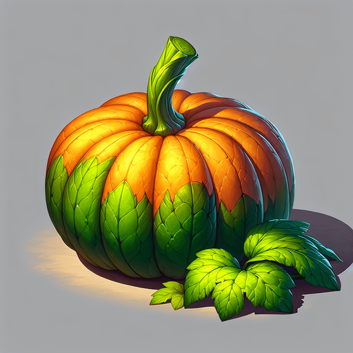 A lush pumpkin at the foot of its green stalk..
Single Game Texture. In-Game asset. 2d. Blank background. High contrast. No shadows.