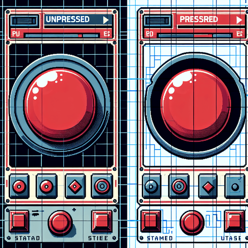 A spritesheet showing only 2 sprites, of the unpressed and pressed states of a BIG RED BUTTON respectively . The sprites in the sheet should be laid out with transparent space between them in clearly defined rectangular areas. The button itself should be large and round, like on old arcade game machines, with a plastic inset around it, and when it's pressed down, it should appear lower relative to that plastic ring, so that it is visibly easy to distinguish between the pressed down and unpressed state..
Single Game Texture. In-Game asset. 2d. Blank background. High contrast. No shadows.