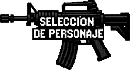 un rifle de asalto m4 negro que en medio diga seleccion de personaje hecho con pixeles.
In-Game asset.  2d.  High contrast.  No shadows