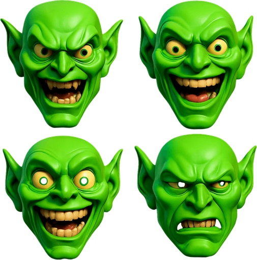 3D Scary but funny and cute face meme green goblin from spiderman movie. only face, different faces look.
In-Game asset.  3D.  High contrast.  No shadows. only face