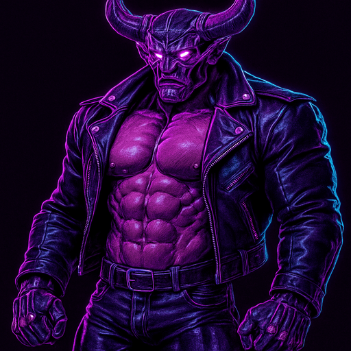 Demon robot Black leather biker jacket longsleeves shirtless muscles pecs abs hunky demon cyborg robot mecha cyberpunk neon manga futuristic monster stud beefcake