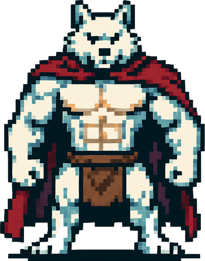 Lobo blanco fuerte revelando sus pectorales pero usando una capa y un taparrabos, que se vea todo su cuerpo y pixelado.
In-Game asset.  2d.  High contrast.  No shadows