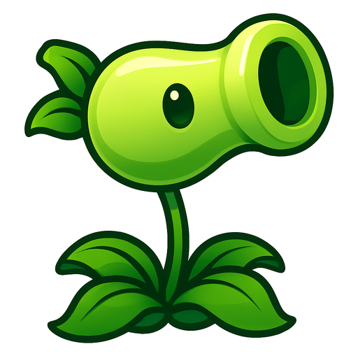 una planta de color verde brillante con forma de pistola vegetal: su “cañón” cilíndrico, ligeramente más ancho en la boca, luce un tono verde claro con un suave degradado y un brillo que le da volumen. Sus ojos son dos círculos lisos y oscuros, casi sin pupila, que le aportan un aire simpático y sencillo. El cuerpo descansa sobre un tallo delgado y flexible, sostenido por cuatro hojas arqueadas y onduladas en la base, de un verde más intenso, que sirven de “pies” y refuerzan su aparienciauna planta de color verde brillante con forma de pistola vegetal: su “cañón” cilíndrico, ligeramente más ancho en la boca, luce un tono verde claro con un suave degradado y un brillo que le da volumen. Sus ojos son dos círculos lisos y oscuros, casi sin pupila, que le aportan un aire simpático y sencillo. El cuerpo descansa sobre un tallo delgado y flexible, sostenido por cuatro hojas arqueadas y onduladas en la base, de un verde más intenso, que sirven de “pies” y refuerzan su apariencia.
In-Game asset.  High contrast.  No shadows