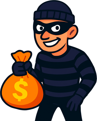 Bu bir oyun menüsü arkaplanı, elinde para çantası tutan 2d bir hırsız altınlar ve paraların olduğu bir odada ekrana bakıyor. canlı renkler.
In-Game asset.  2d.  High contrast.  No shadows