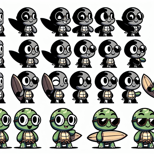 A spritesheet with a number of poses of an happy little turtle with strong eye-glasses, carrying a vertically oriented surfboard,, smiling, walking, waiting, standing, ordering, turning, etc. all seen from the side.The spritesheet should be laid out in a rectangular grid with clear space between each individual sprite. Each sprite in the sheet should be around 300x600 pixels in size.
Single Game Texture. In-Game asset. 2d. Blank background. High contrast. No shadows.