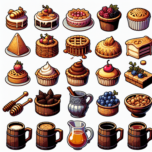 A spritesheet full of different delicious medieval cakes and snacks and beverages..
Single Game Texture. In-Game asset. 2d. Blank background. High contrast. No shadows.