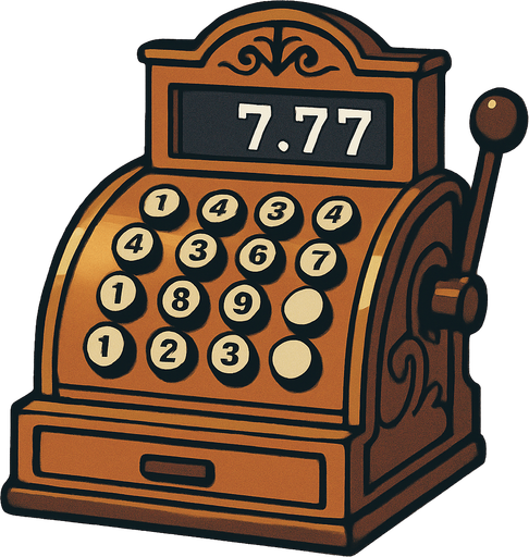 An old style cash register. The numeric read out says 7.77. Anime style..
In-Game asset.  2d.  High contrast.  No shadows