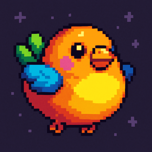 Big fat flaying bird ( Piksel art). Cute. Colorful 
In-Game asset.  2d.  High contrast.
