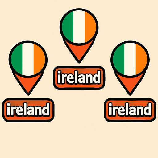 A flat, 2D game UI-style asset showing a vertical set of three country pins labeled: "ireland". Each pin includes a circular flag icon above the text label. The layout is columnar, cartoonish, and visually clean. Each pin should be exportable or usable individually for a mobile game's level selection screen..
In-Game asset.  2d.  High contrast.  No shadows
