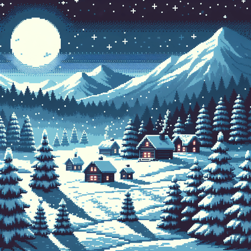 gif pixel art for game background, snow on the ground, houses in the far background and moonligh, trees on the left and right, cozy Christmas atmosphere Single Game Texture. In-Game asset. 2d. Blank background. High contrast. No shadows.