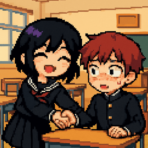 In pixel art style, a cute anime-style girl with an emo aesthetic, striking purple eyes, and a Japanese school uniform (sailor fuku) suddenly pulls the hand of a shy red-haired boy with red eyes, who is wearing a gakuran and sitting in front of a rectangular desk. She smiles brightly with her eyes closed as she yanks him toward her, pulling him out of his seat. The boy looks confused and nervous, flustered by the sudden physical contact. In the background, a typical Japanese classroom can be seen.