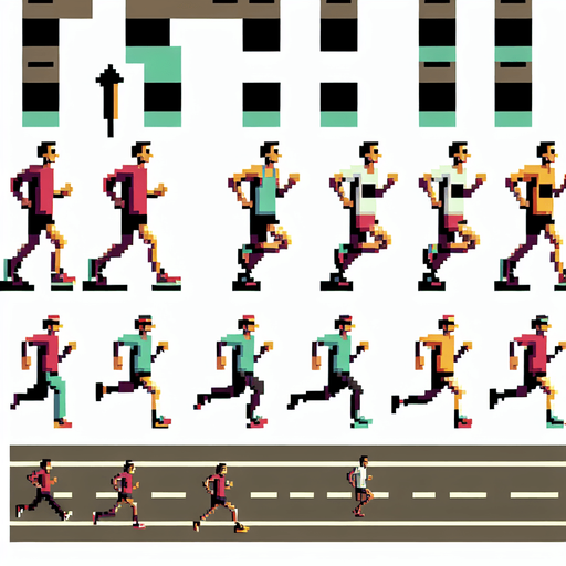 sprite sheet for a marathon runner seen directly from above in a running and jumping state. gta 2 perspective. ensure the runner is seen straight from above as in the gta 2 game. pixelated. 8 bit.
Single Game Texture. In-Game asset. 2d. Blank background. High contrast. No shadows.