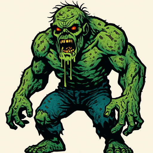 bana büyük bir zombi yap ama yine ağızında salyalar olsun dağınık olsun ve güçlü dursun.
In-Game asset.  2d.  High contrast.  No shadows