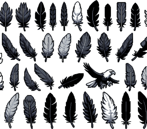 A sprite sheet of eagle feathers.
Single Game Texture. In-Game asset. 2d. Blank background. High contrast. No shadows.