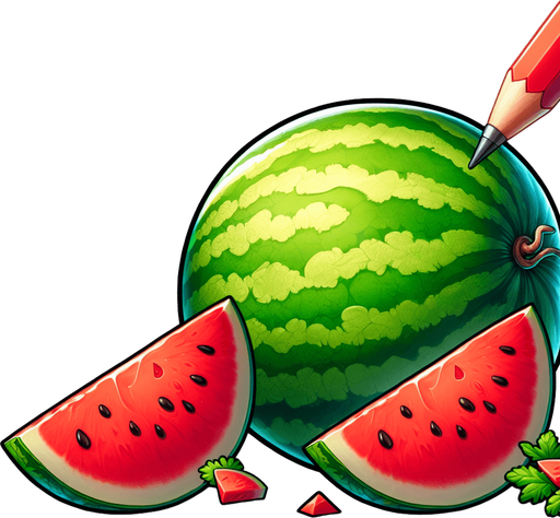 A watermelon and some pieces of watermelon.
Single Game Texture. In-Game asset. 2d. Blank background. High contrast. No shadows.