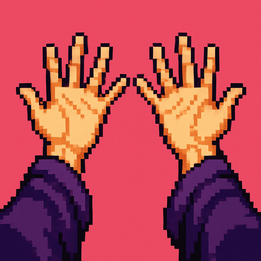 A first person view of set of hands splayed out as if to cast a spell. Facing away. Mystical robes around the wrists.  Pixel art
In-Game asset.  2d.  High contrast.  No shadows