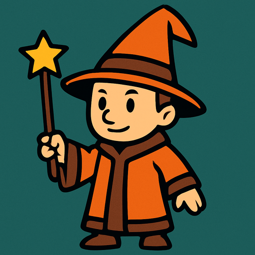 Mago con sombrero naranja y marrón sin barba con varita con estrella, de cuerpo entero.
In-Game asset.  2d.  High contrast.  No shadows