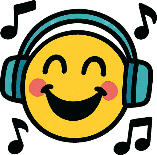 müzik dinleyen neşeli surat.
In-Game asset.  2d.  High contrast.  No shadows