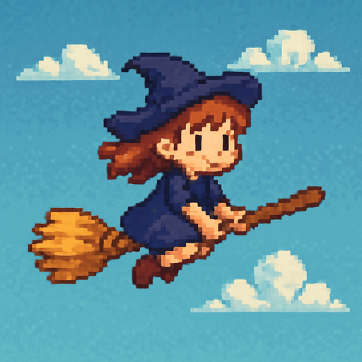16 bit image litle girl ride flyng broom stick.
In-Game asset.  2d.