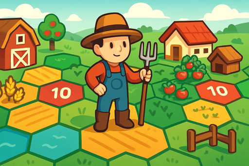 Fullscreen modern App Store landscape banner, 16:9, high definition, for a game titled "Hex Farm Builder" and with the description "Strategic turn-based farming game on a hexagonal grid where players move a character and build farm structures on special colored tiles to maximize points in 20 turns.". No text on banner!