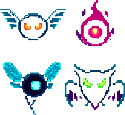 Crea enemigos voladores estilo pixel art, ideales para un juego de plataformas retro. Deben flotar o volar sobre el jugador, con movimientos suaves o erráticos. Pueden tener alas mecánicas, alas de insecto, o simplemente levitar con energía. Que se vean amenazantes, pero simples de animar.

Pueden tener:

Ojos brillantes o un solo ojo (tipo dron o criatura mágica).

Colores oscuros o neón, para resaltar en niveles digitales o de noche.

Algunos pueden disparar proyectiles, otros solo hacen daño al contacto..
In-Game asset.  2d.  High contrast.  No shadows