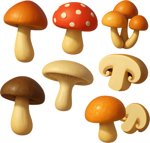 Pack of different mushrooms, 3D mushrooms, without black lines around it!
In-Game asset.  High contrast.  No shadows. 3D