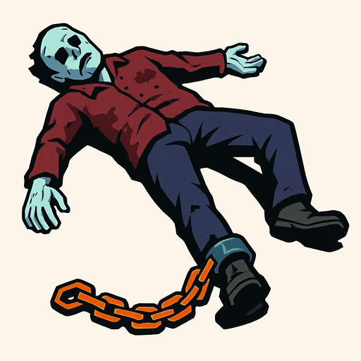 dead body on the ground, a chain on his leg (no ground).
In-Game asset.  High contrast.  No shadows. 3D