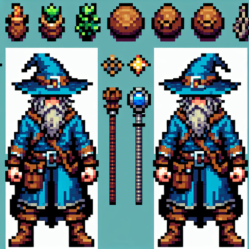 wisard 8 bit from the top down.
Single Game Texture. In-Game asset. 2d. Blank background. High contrast. No shadows.