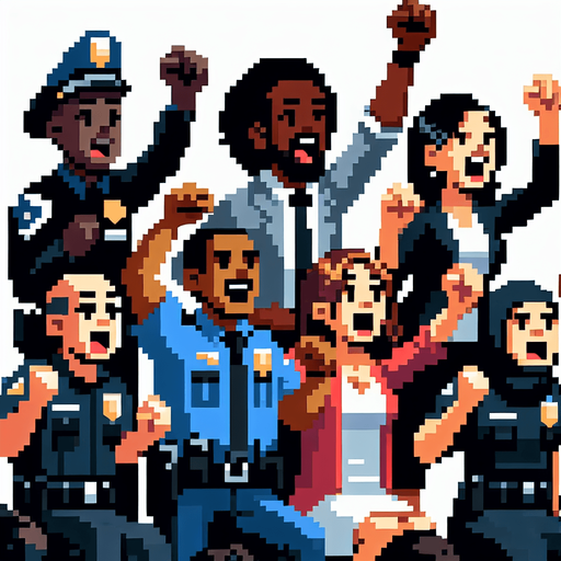 8-bit crowd of police and others cheer.
Single Game Texture. In-Game asset. 2d. Blank background. High contrast. No shadows.