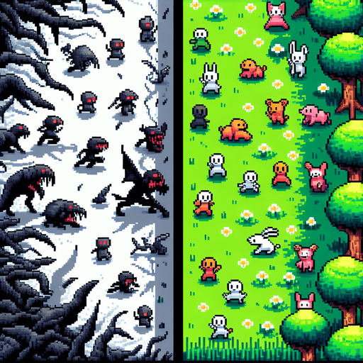 grma dengra de uhna mitad con bichos malignos atacando a personas y en la otra mitad grama verde llamativa con animales de bosque adorables
pixel art.
Single Game Texture.  In-Game asset.  2d.  Blank background.  High contrast.  No shadows