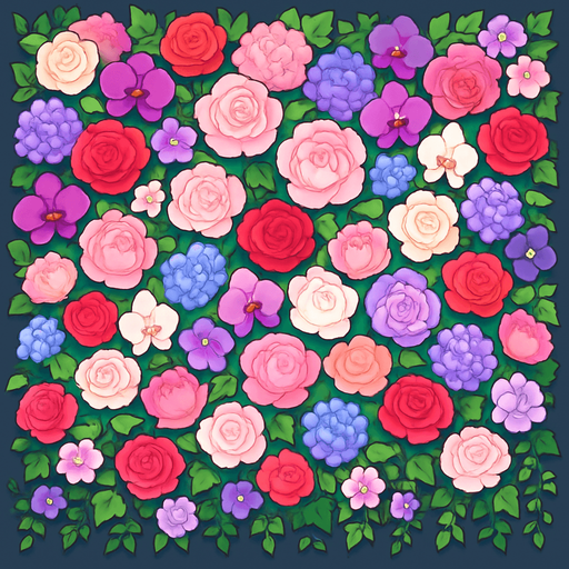 A beautiful flower wall made of a lush mix of vibrant, colorful flowers like roses, peonies, hydrangeas, and orchids. The wall is densely packed with blossoms in shades of pink, red, white, purple, and pastel tones. Greenery like ivy and leaves peek through the blooms, adding depth and contrast. The arrangement is elegant and symmetrical, ideal as a photo backdrop for events like weddings or parties. High-resolution, soft lighting, and dreamy atmosphere..
In-Game asset.  2d.  High contrast.  No shadows. cartoon style