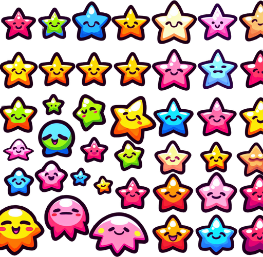 A sprite sheet of different cartoon stars..
Single Game Texture. In-Game asset. 2d. Blank background. High contrast. No shadows.