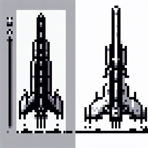 pixelart of a tall and thin spaceship, no background
Single Game Texture. In-Game asset. 2d. Blank background. High contrast. No shadows.