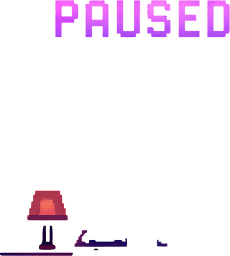 A minimalist pixel art "Paused" menu screen in vertical format (2048x2732), with a retro DJ/bar theme. At the top center, the word "PAUSED" in large, glowing purple pixel letters. The rest of the screen should be clean and dark, with subtle lighting or atmospheric effects suggesting a nightclub or DJ booth. Leave the central and lower space empty for placing UI buttons (Resume, Restart, Settings, Main Menu). Smooth, moody pixel background, matching a futuristic arcade vibe..
In-Game asset.  2d.  High contrast.  No shadows