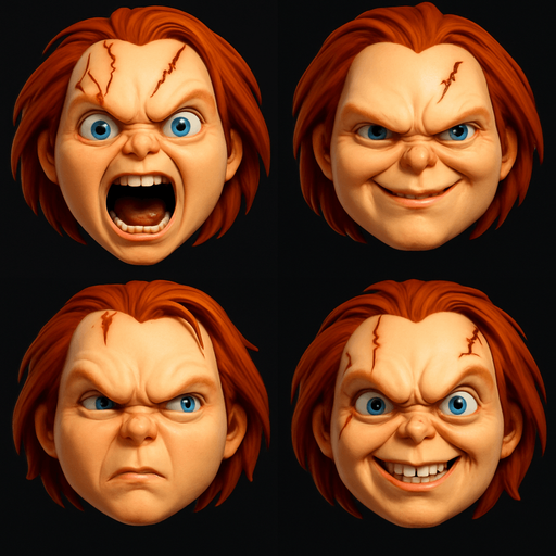 3D Scary and funny face meme chucky. different faces look. face only
In-Game asset.  3D.  High contrast.  No shadows. face only