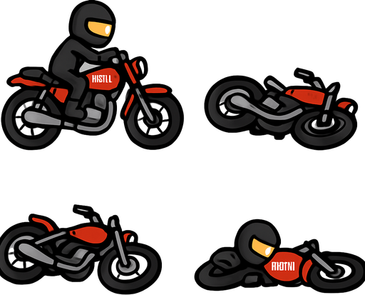 Create a simple 2D animation of an enemy motorcycle falling sideways to the ground.  
The animation should have 5 frames showing the bike tilting and then lying flat.  
Use a cartoonish style matching a simple 2D game..
In-Game asset.  2d.  High contrast.  No shadows