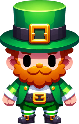 Leprechaun on a white papercard with rounded corners, front view..
Single Game Texture.  In-Game asset.  2d.  Blank background.  High contrast.  No shadows