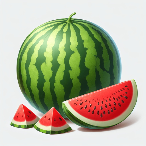 A watermelon and some pieces of watermelon.
Single Game Texture. In-Game asset. 2d. Blank background. High contrast. No shadows.