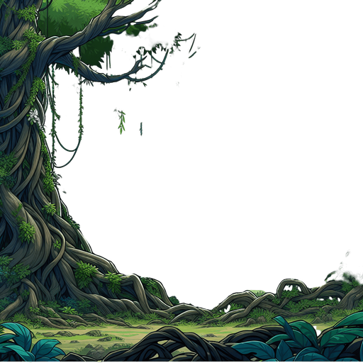 A lush jungle scenery with huge old trees covered in vines and overwrowth, blue sky and forested mountains in the background..
Single Game Texture. In-Game asset. 2d. Blank background. High contrast. No shadows.