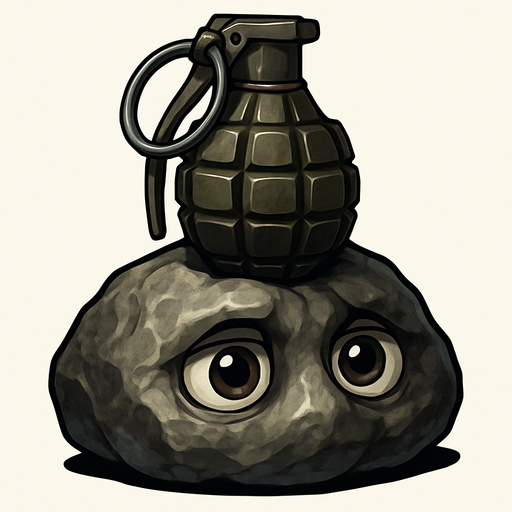 una piedra con ojos muy realista con una granada encima.
In-Game asset.  2d.  High contrast.  No shadows