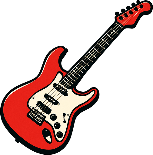 kırmızı renkli elektro gitar yan dursun çalmaya hazır gibi görünsün.
In-Game asset.  2d.  High contrast.  No shadows