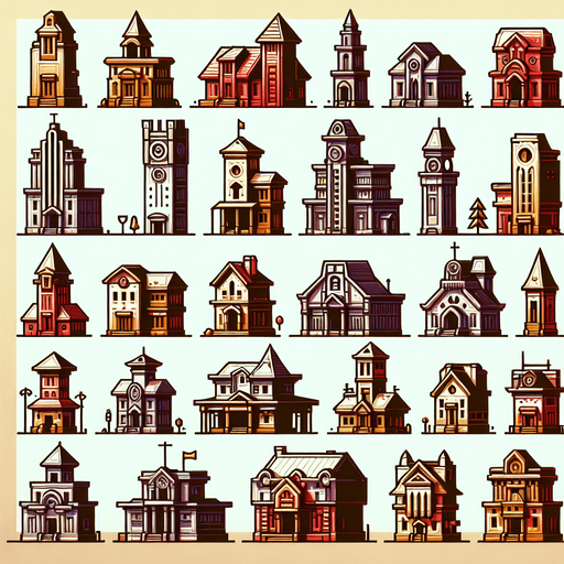 Buildings.
Single Game Texture. In-Game asset. 2d. Blank background. High contrast. No shadows.