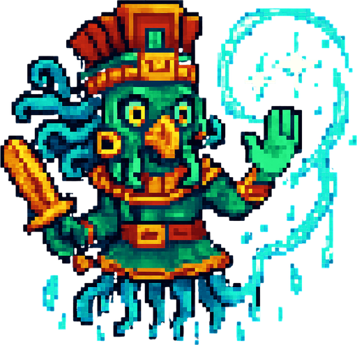 Generame un guerrero meduza cone fectos de agua, que cura como mago, estilo pixelar, ambeintado a lo azteca.
In-Game asset.  2d.  High contrast.  No shadows