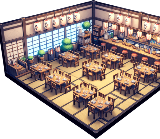 A restaurant background in a anime style.
Single Game Texture. In-Game asset. 2d. Blank background. High contrast. No shadows.