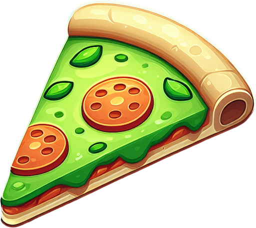 a slice of pizza on a transparent background, predominantly green. Slice of pizza.
Single Game Texture. In-Game asset. 2d. Blank background. High contrast. No shadows.