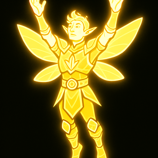 kesatria peri pria seluruh badan bercahaya melayang dengan tangan merengggang keatas.
In-Game asset.  2d.  High contrast.  No shadows